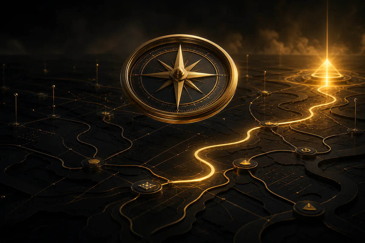 Golden compass over a strategic product roadmap